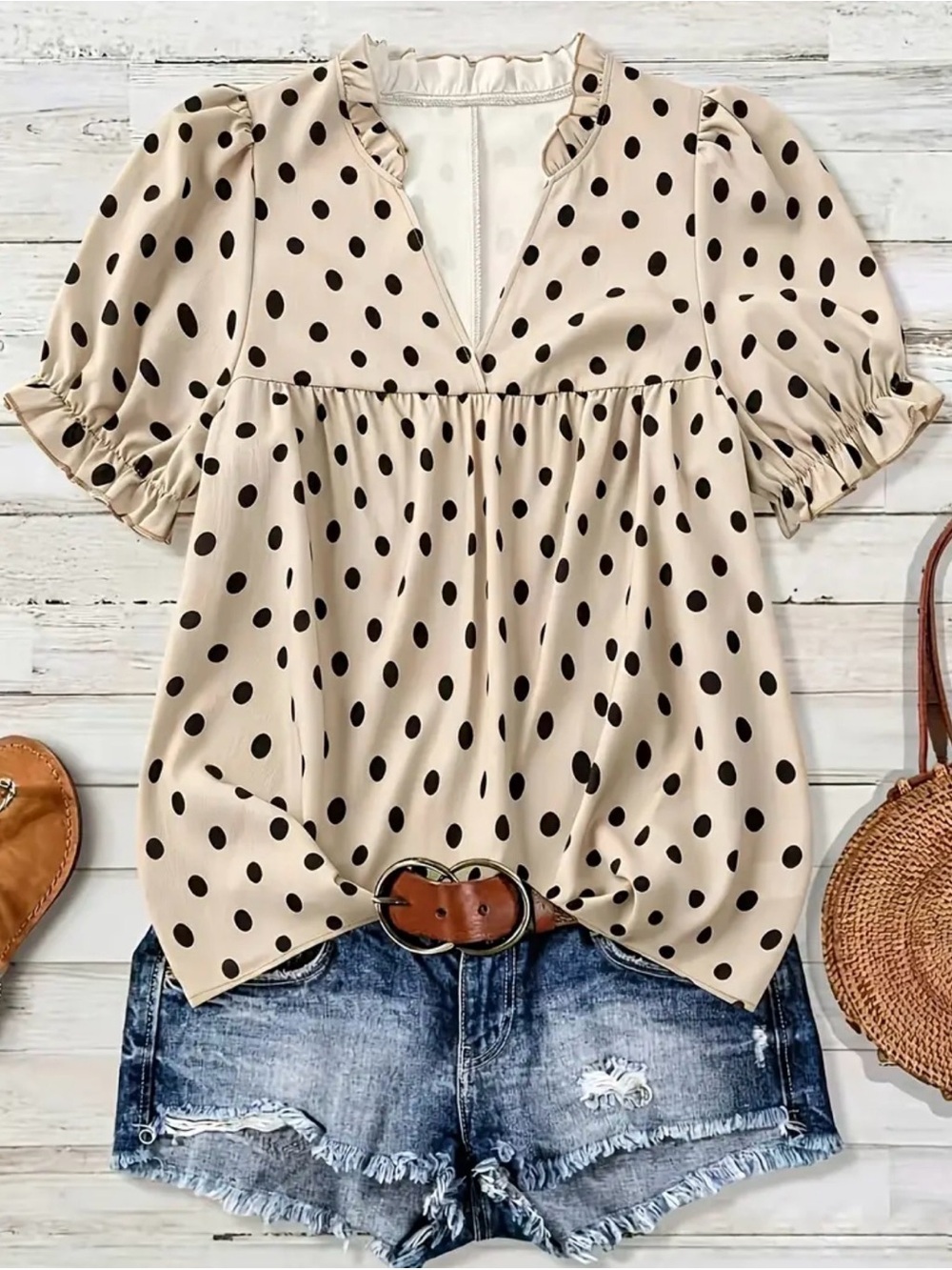 Beige Polka Dot Puff Sleeve Babydoll Top - Women's 3X